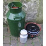 2 milk churns and a painted pot