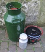 2 milk churns and a painted pot