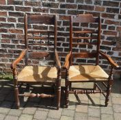 2 19th century rush seated spindle back open arm chairs