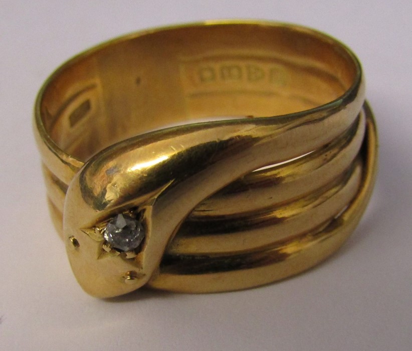 18ct gold snake ring with diamond accent Chester 1917 makers JHW weight 9.7 g size X/Y - Image 3 of 6