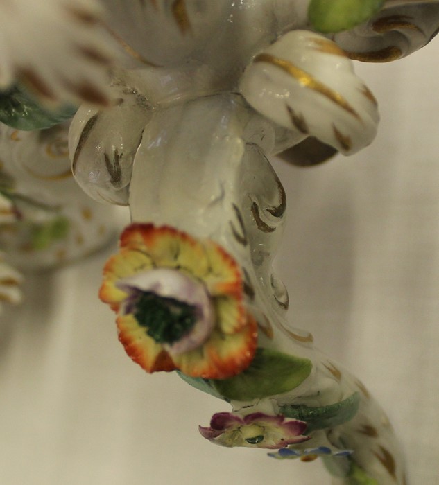 Pair of Meissen style porcelain candelabra, some damage including chips & restoration, one candle - Image 12 of 17