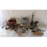 2 boxes of assorted ceramics, sheep door stop, mincer, gents grooming set, jardiniere etc