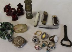 Selection of miscellaneous collectables including penknives, miniature Thoresby Colliery coal miners