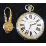 H W Bedford 67 Regent Street Goliath Waltham pocket watch (7cm diameter) & a lady's gold plated