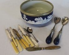 Tunstall England blue jasperware salad bowl with silver plated rim & matching servers, Skegness