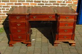 Reproduction Georgian mahogany twin pedestal  library desk with quarter column corners & ogee