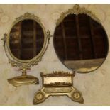 Decorative brass dressing table mirror, brass mounted wall mirror & letter rack / ink stand