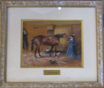 Charles Cattermole RI (1832-1900) framed watercolour of a lady feeding a horse in a stable with a