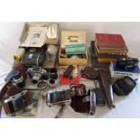 Selection of camera equipment and books inc Ensign midget camera model '22', Olympus mju 140 zoom