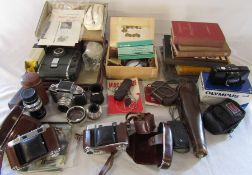 Selection of camera equipment and books inc Ensign midget camera model '22', Olympus mju 140 zoom