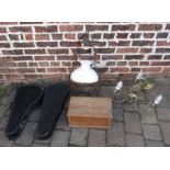 Brass ceiling light fitting, ceiling light (af), small wooden trunk & 2 empty instrument cases