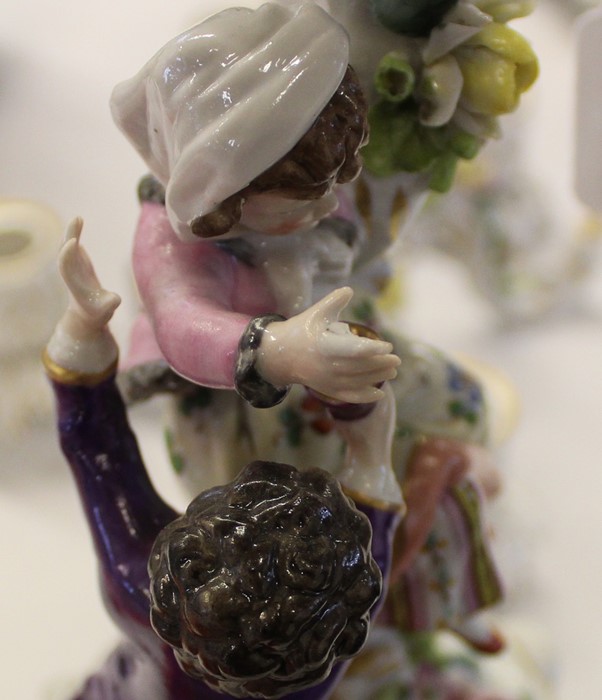 Pair of Meissen style porcelain candelabra, some damage including chips & restoration, one candle - Image 9 of 17