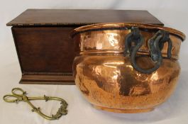 Mahogany box, copper planter & pr of brass tongs