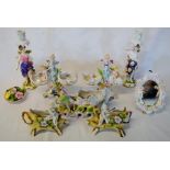 Pair of Meissen style porcelain figural candlesticks, figural posy vases, mirror etc (some damage)