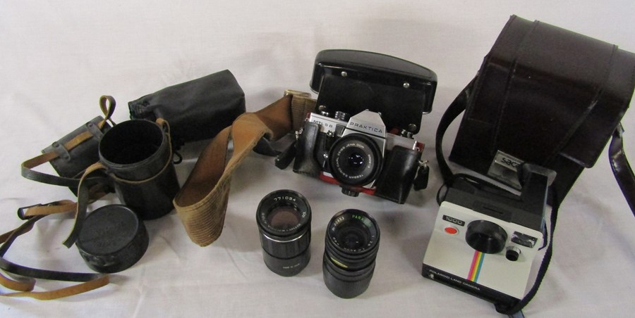 Praktica MTL 5B camera, Polaroid 1000 land camera and 2 lenses