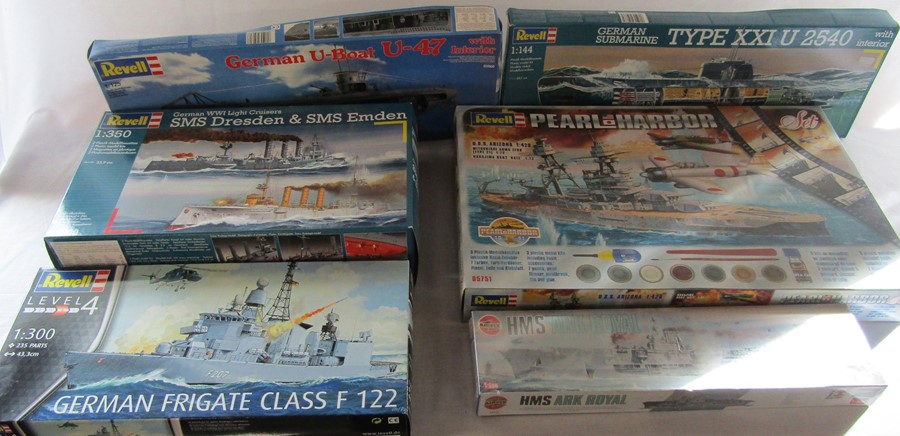 6 Revell and Airfix model boat kits inc Pearl Harbour, German u-boat U47, German frigate class