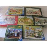 Selection of jigsaws by Ravensburger and Falcon etc inc Halcyon days, Old swing bridge and Coach