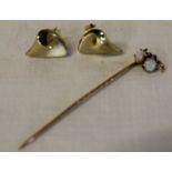 Pair of 9ct gold earrings (2.3g) & opal stick pin (damaged)