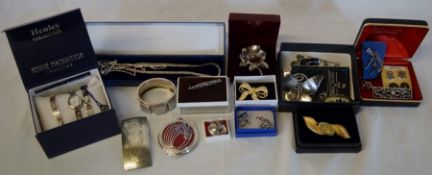 Selection of mainly white metal jewellery including Mackintosh style watch, bracelets & handbag