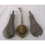 2 brass and copper powder flasks inc James Dixon & Sons Sheffield 'Improved Patent' and an T E