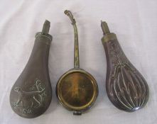 2 brass and copper powder flasks inc James Dixon & Sons Sheffield 'Improved Patent' and an T E