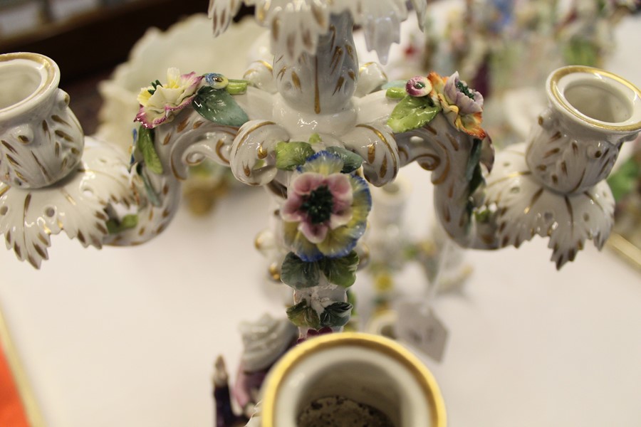Pair of Meissen style porcelain candelabra, some damage including chips & restoration, one candle - Image 4 of 17