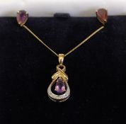 9ct gold amethyst & diamond chip pendant on 9ct gold chain (total 1.7g) & pair of 9ct gold