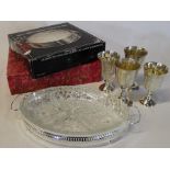 4 EPNS goblets, 2 galleried trays with liner & boxed set of silver plated placemats