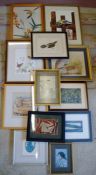 Selection of framed watercolours, prints, silk pictures etc