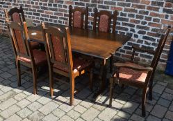 Refectory dining table (scorch mark to top) & 6 chairs including 2 carvers