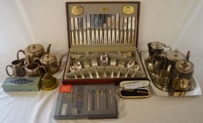Viners half canteen of cutlery, silver plate & stainless steel tea pots etc, brass weights, pens
