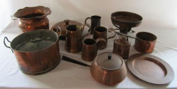 Quantity of copper ware inc tankards and pans