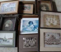 Selection of framed prints including John Trickett & 3 framed black and white photographs of late