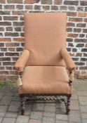 19th century open arm chair with barley twist legs and stretcher
