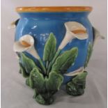 Lily pattern majolica planter (two flowers af) H 27 cm