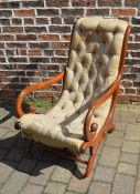 Victorian button back open arm chair with scroll arms