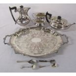 Silver plate tea set, tray and teaspoons inc one Continental silver teaspoon