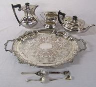 Silver plate tea set, tray and teaspoons inc one Continental silver teaspoon