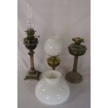 3 paraffin / oil lamps (2 converted to electricity) and a glass shade