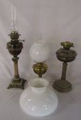 3 paraffin / oil lamps (2 converted to electricity) and a glass shade