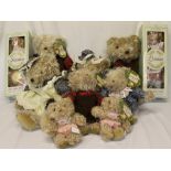 8 modern teddy bears from The Family Bear Collection & 2 boxed porcelain dolls "Jessica" & "Louisa"
