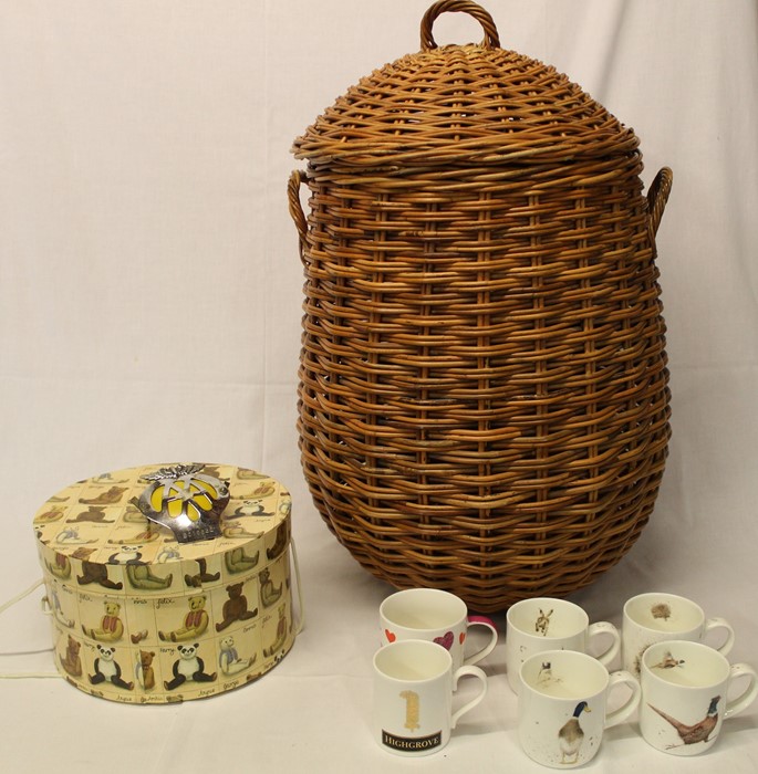 Wicker laundry basket, AA car badge, selection of mugs & Teddy hat box