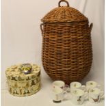 Wicker laundry basket, AA car badge, selection of mugs & Teddy hat box