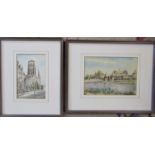 2 framed pen and ink drawings 27 cm x 33 cm and 38 cm x 30 cm (size including frame)