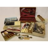 Selection of boxed cutlery (some silver plate), souvenir spoons & Thai cutlery set