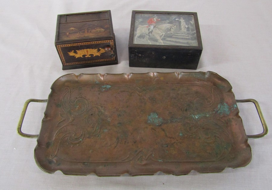 Art Nouveau copper tray L 43 cm (inc handles) & 2 small boxes
