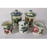5 pieces of Wemyss pottery including T Goode  (height of largest preserve pot 12 cm)