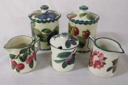 5 pieces of Wemyss pottery including T Goode  (height of largest preserve pot 12 cm)