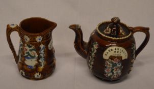 Barge ware teapot with inscription 'Have Another Cup 1892' & jug bearing inscription 'Remember Me'