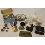Selection of various collectables including brass elephants, perfume bottles, brass letter plate
